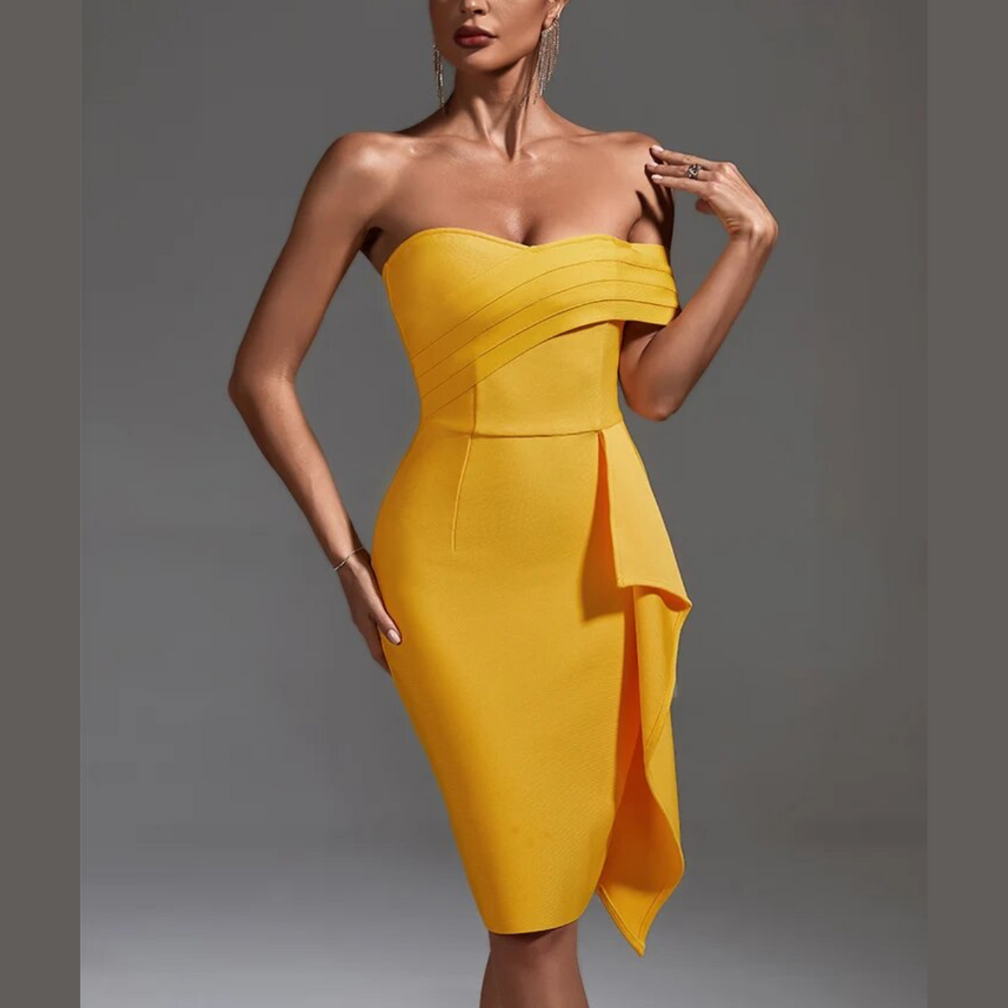 Maura - Yellow Off Shoulder Ruffle Bandage Dress