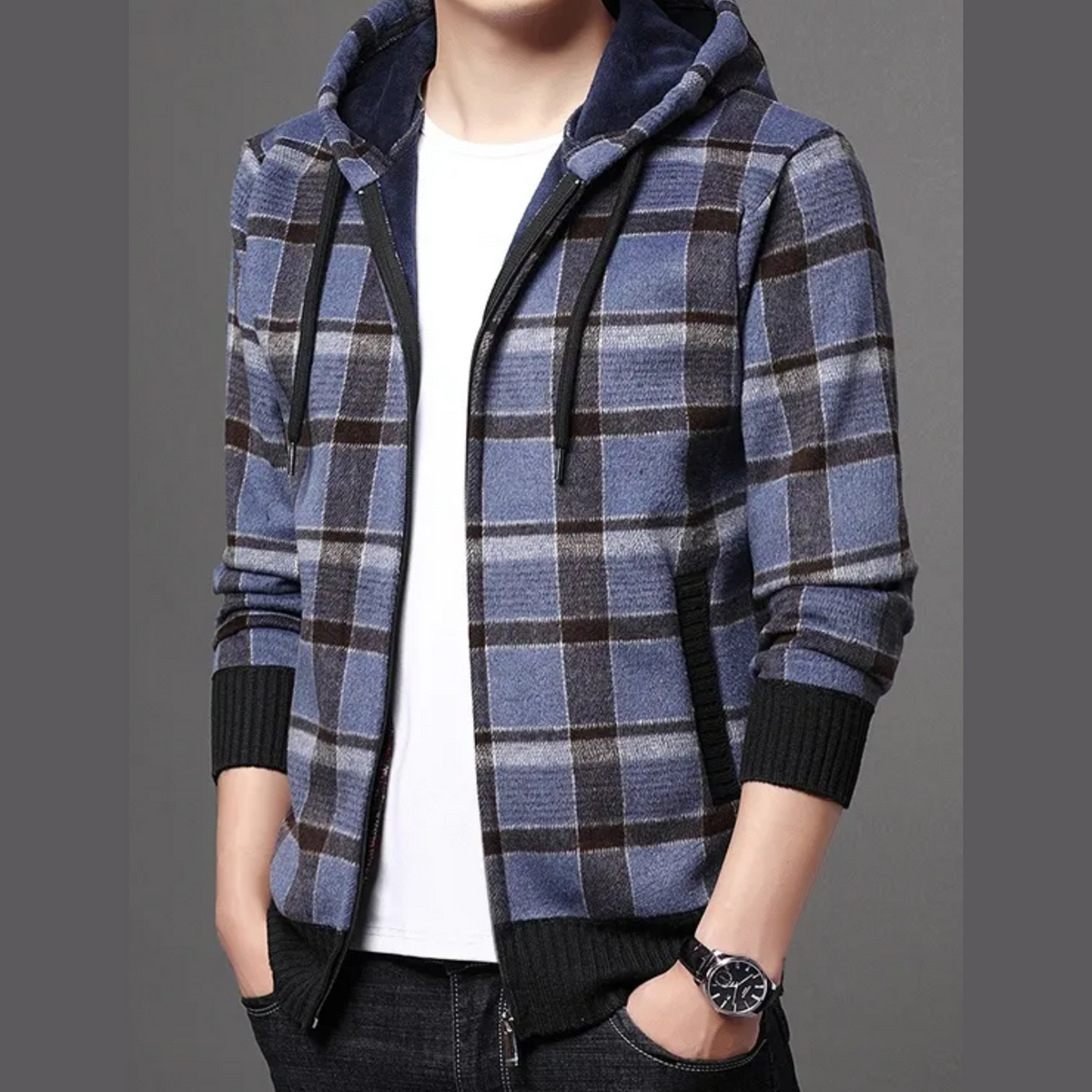 Leo - Plaid Hooded Zipper Jacket