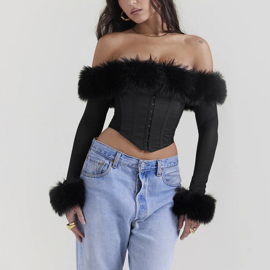 Celia - Black Detachable Fur Off The Shoulder Cropped Top