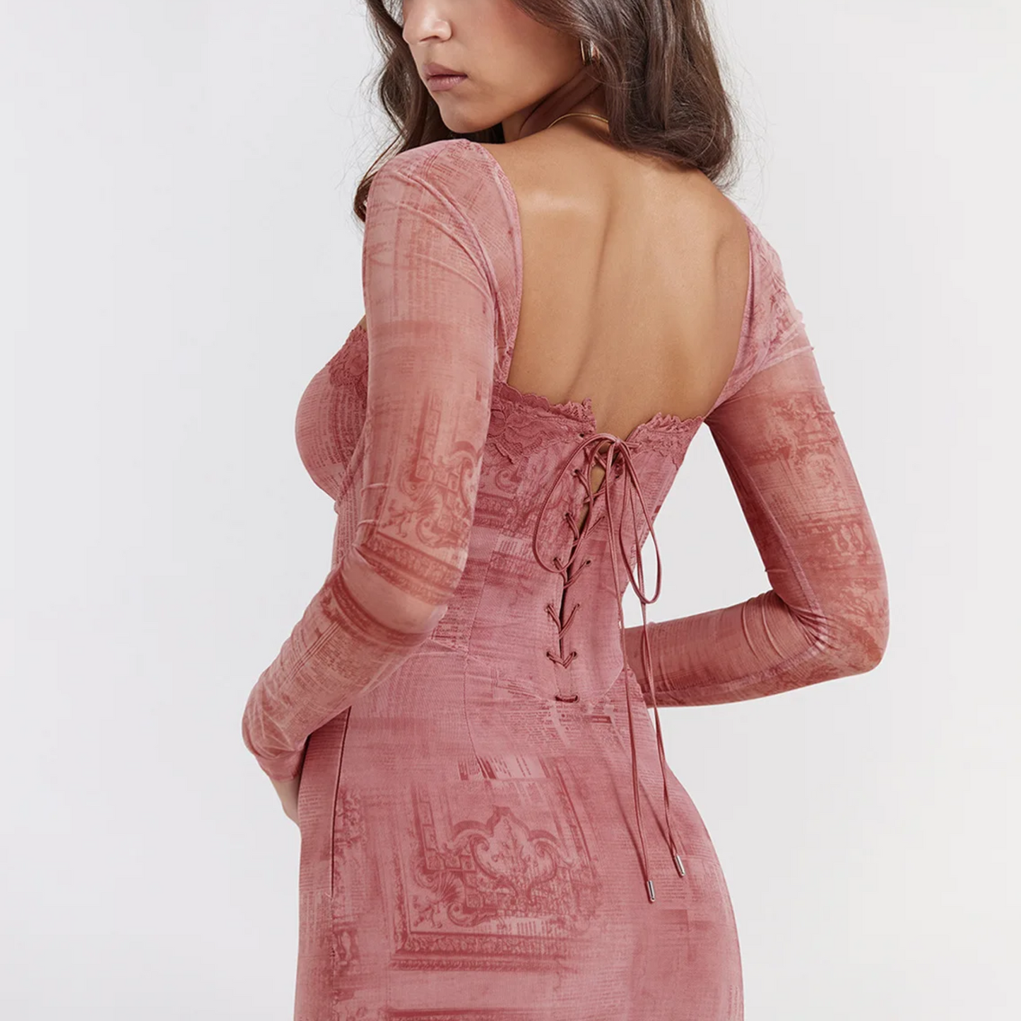 Sierra - Pink Mesh Printed Midi Bodycon Dress