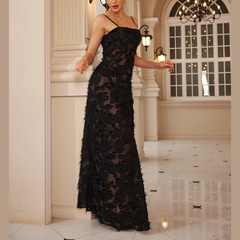 Reyna - Black Floral Applique Maxi Dress