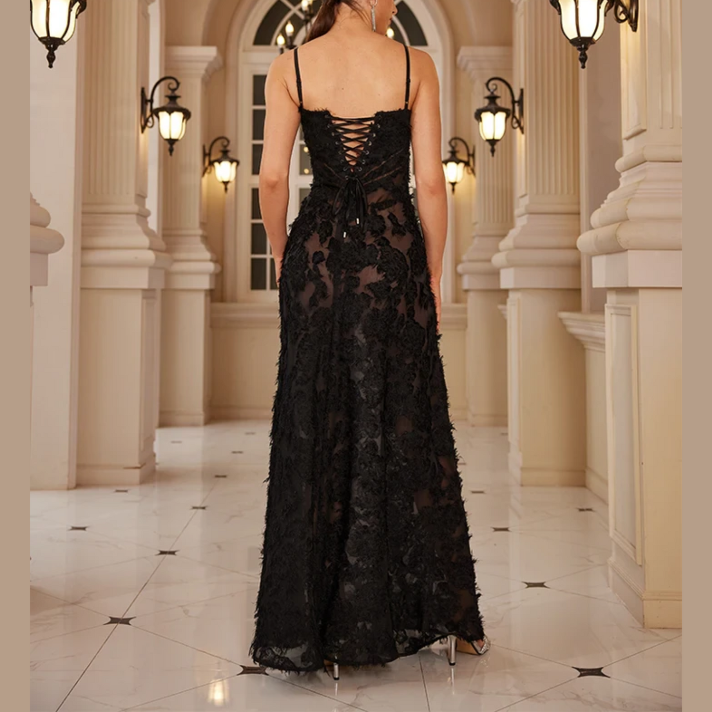 Reyna - Black Floral Applique Maxi Dress