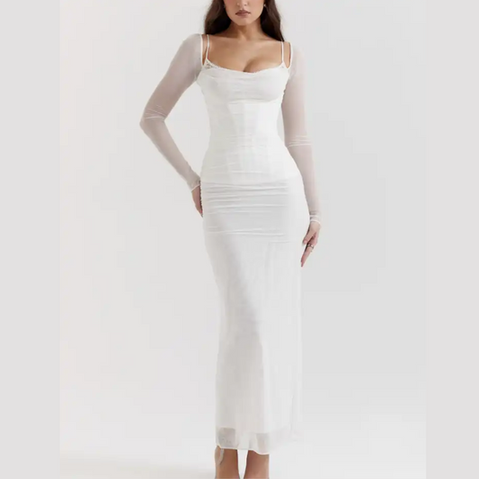 Francesca - White Long Mesh Corset Style Bodycon Dress - Model Mannequin