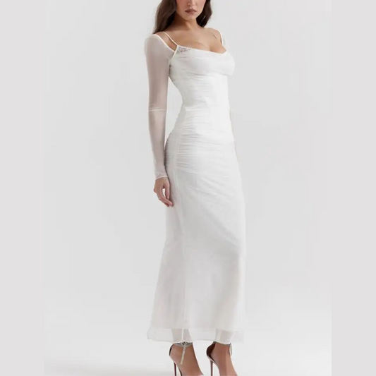 Francesca - White Long Mesh Corset Style Bodycon Dress