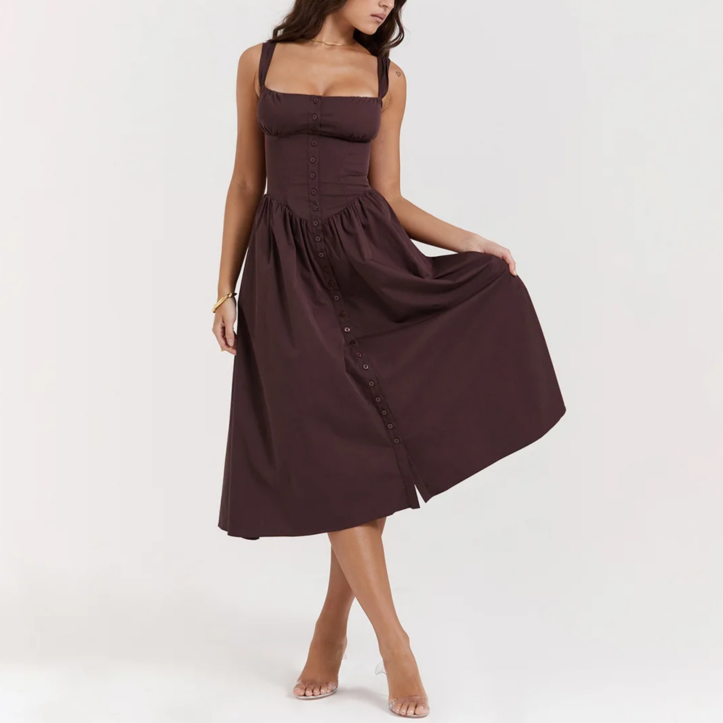 Yara - Brown Midi Fit & Flare Vintage Dress