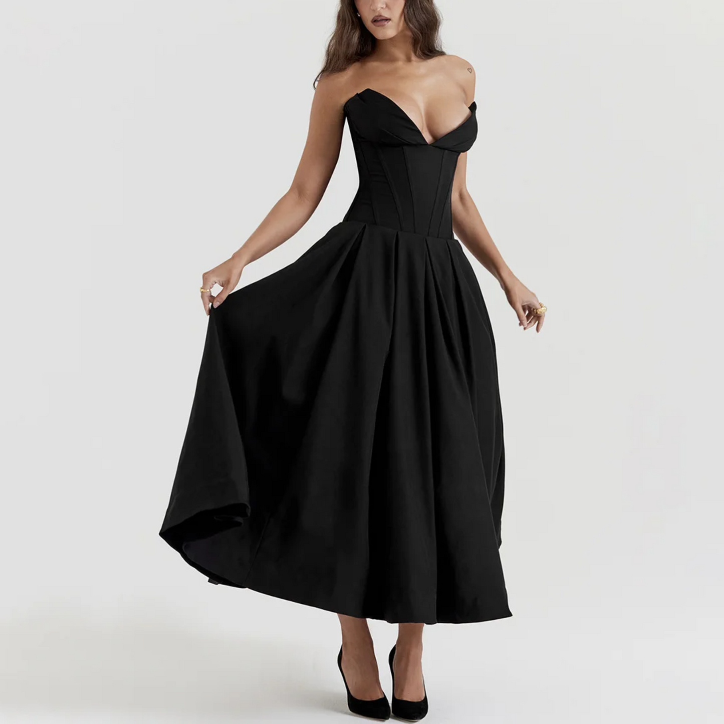 Juana - Long Black Strapless A-Line Corset Dress