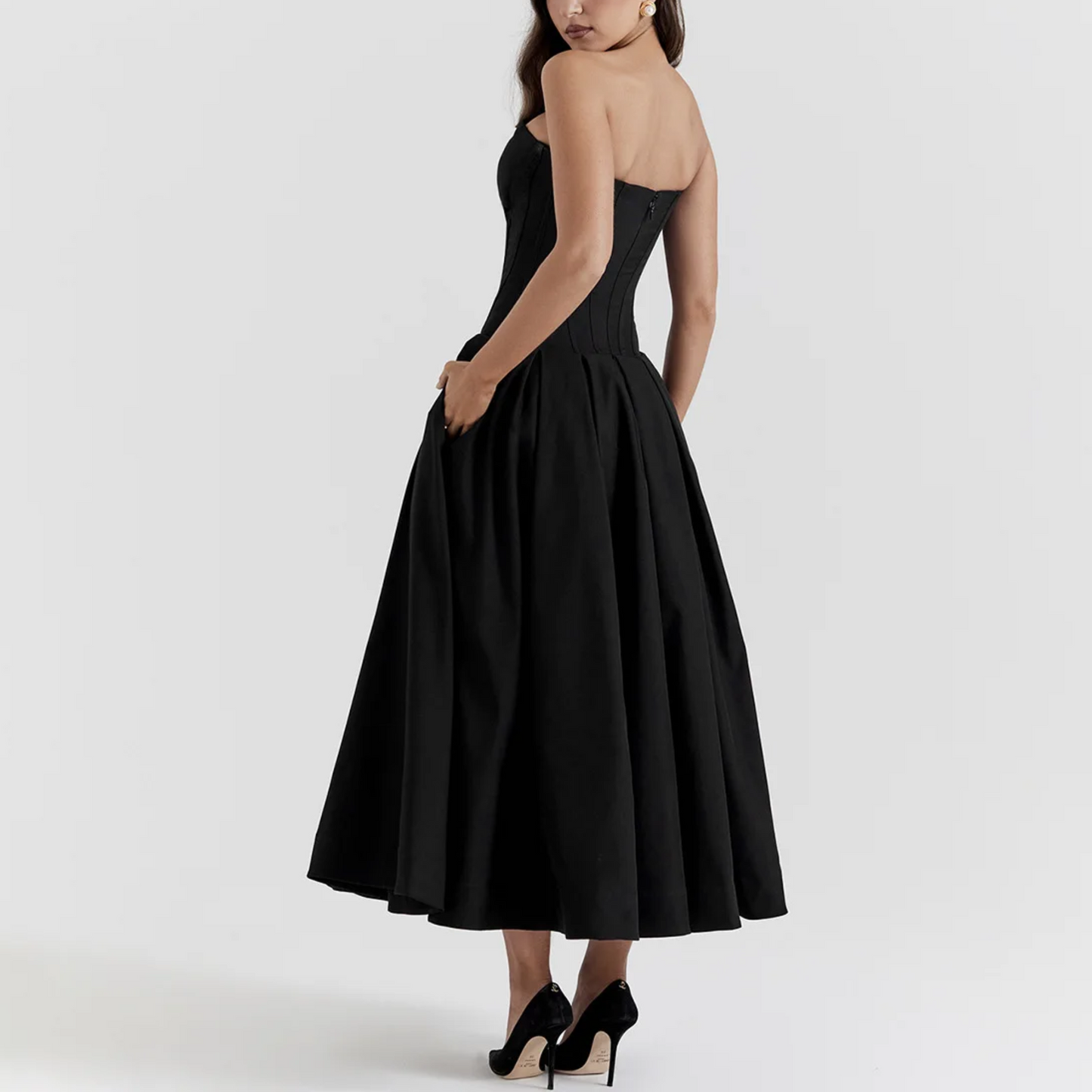 Juana - Long Black Strapless A-Line Corset Dress