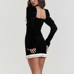 Selena - Black Velvet Ruffle Hem Bodycon Dress