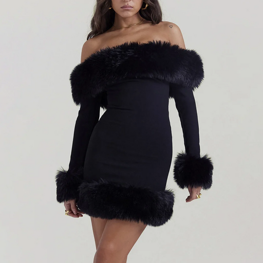 Dulce - Black Off The Shoulder Faux Fur Dress - Model Mannequin