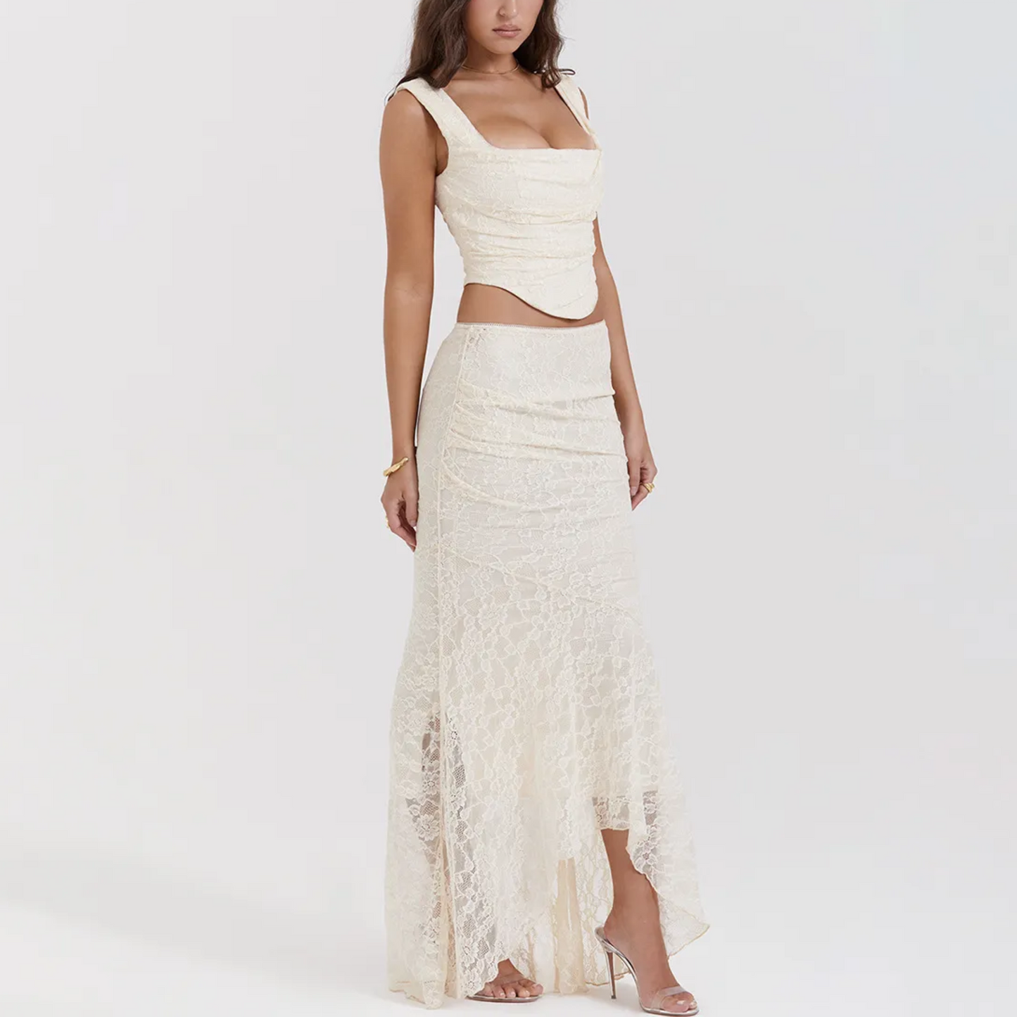 Dayanara - Ivory Two Piece Lace Crop Top & Maxi Skirt