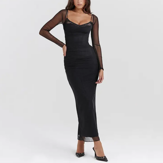 Francesca - Black Long Mesh Corset Style Bodycon Dress