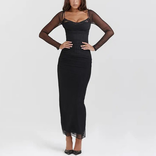 Francesca - Black Long Mesh Corset Style Bodycon Dress - Model Mannequin