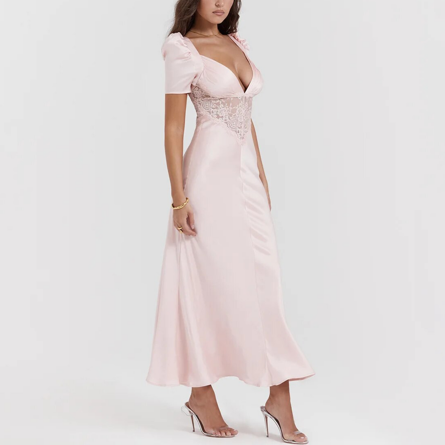 Bianca - Pink Satin Puff Sleeve Maxi Dress