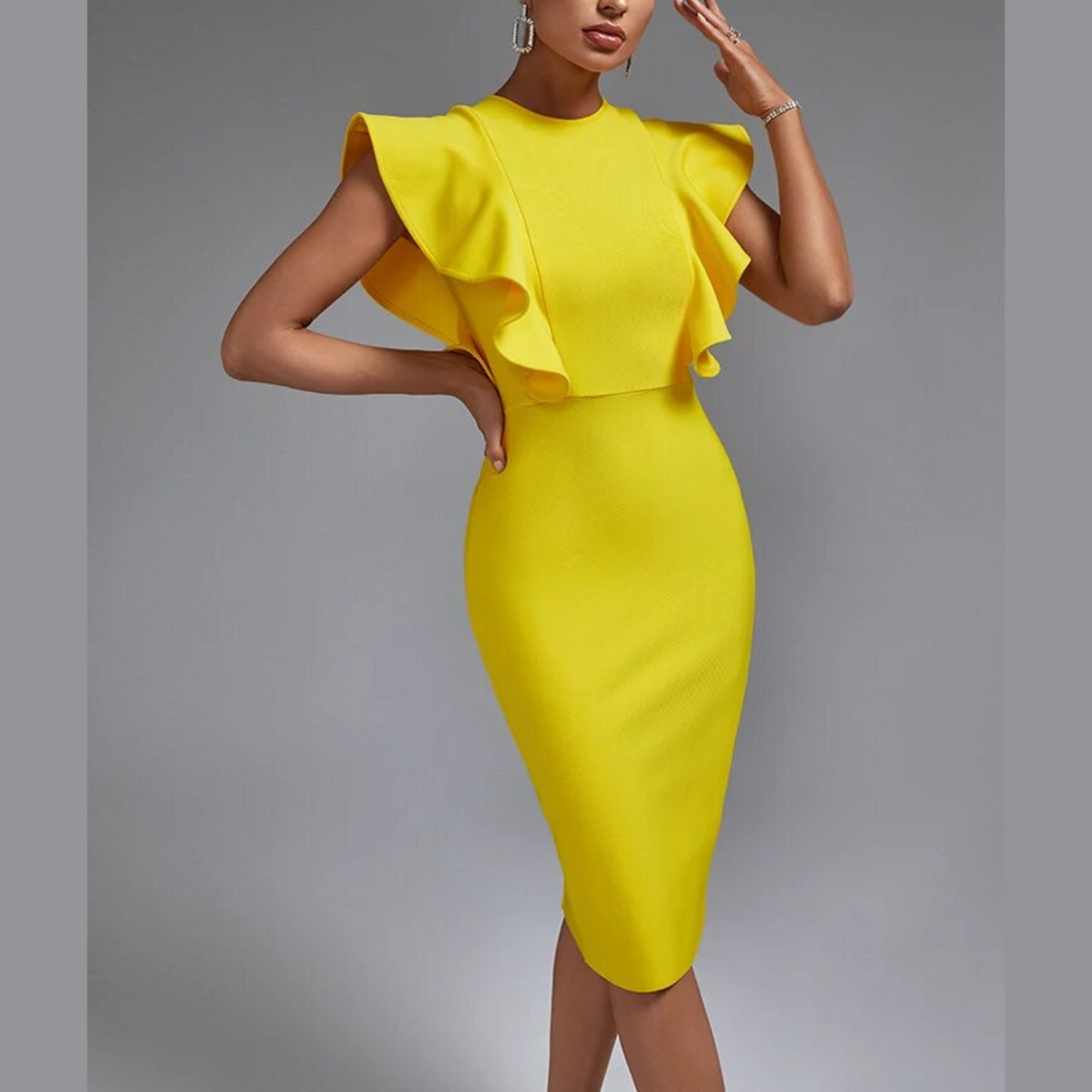 Luna - Yellow Ruffle Sleeve Bandage Dress - Model Mannequin