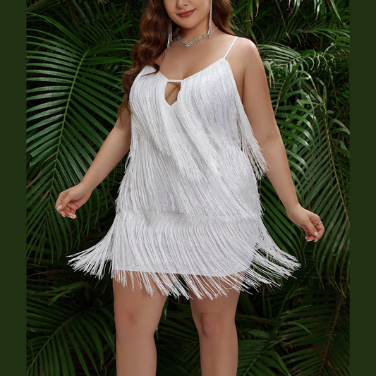 Jahzara - White Plus Size Layered Tassel Dress