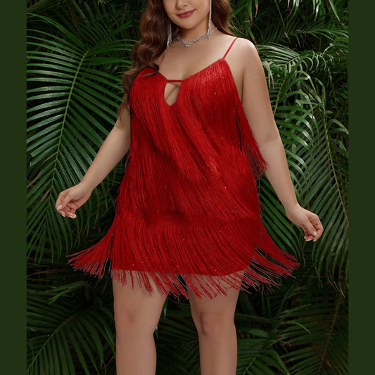 Jahzara - Red Plus Size Layered Tassel Dress