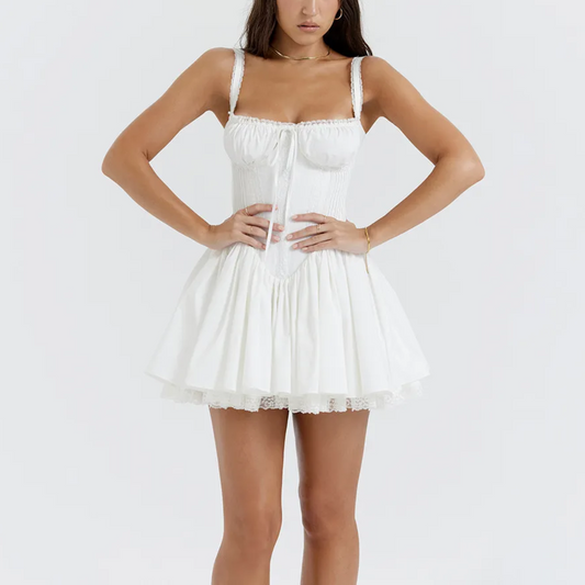 Sade - White A-Line Lace Up Mini Dress - Model Mannequin