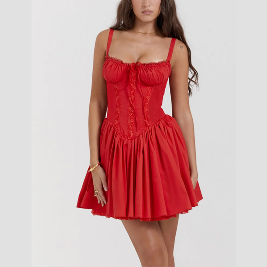 Sade - Red A-Line Lace Up Mini Dress