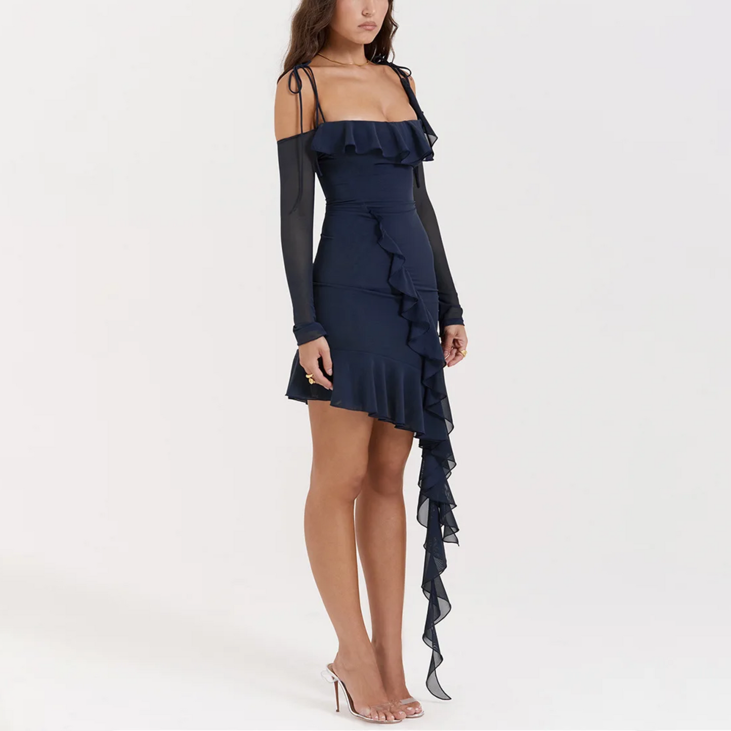 Amma - Navy Blue Mesh Ruffle Asymmetrical Dress