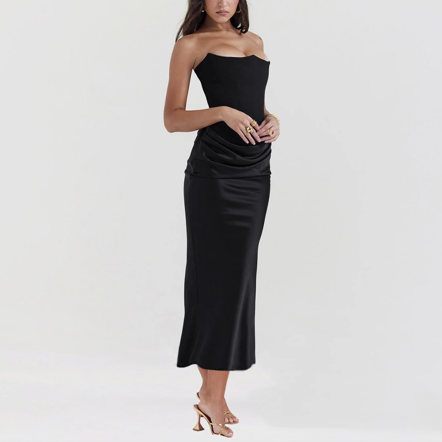 Viviana - Black Strapless Velvet Corset & Satin Bodycon Dress