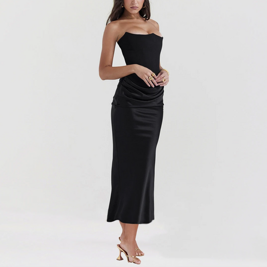 Viviana - Black Strapless Velvet Corset & Satin Bodycon Dress
