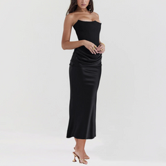 Viviana - Black Strapless Suede Corset & Satin Bodycon Dress