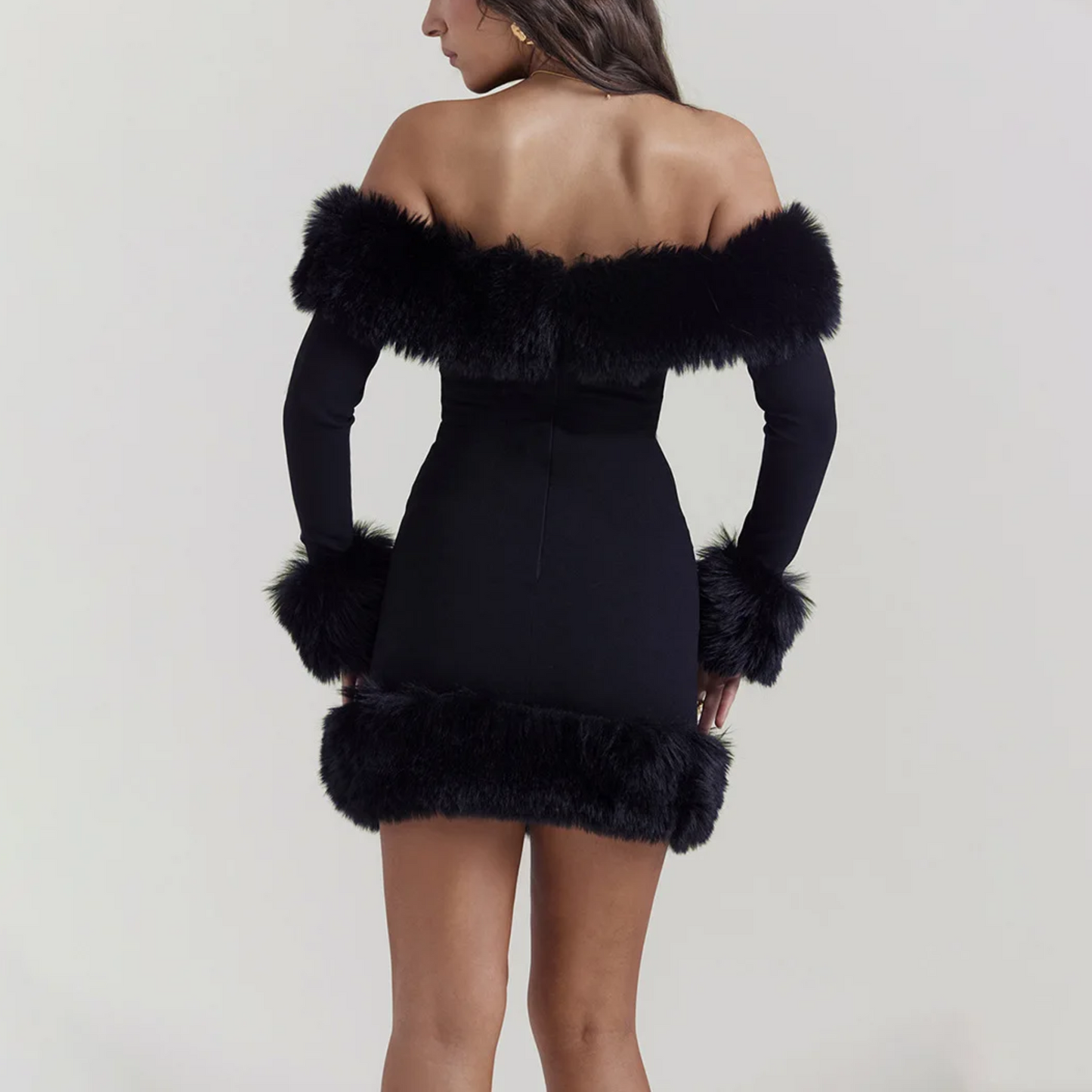 Dulce - Black Off The Shoulder Faux Fur Dress