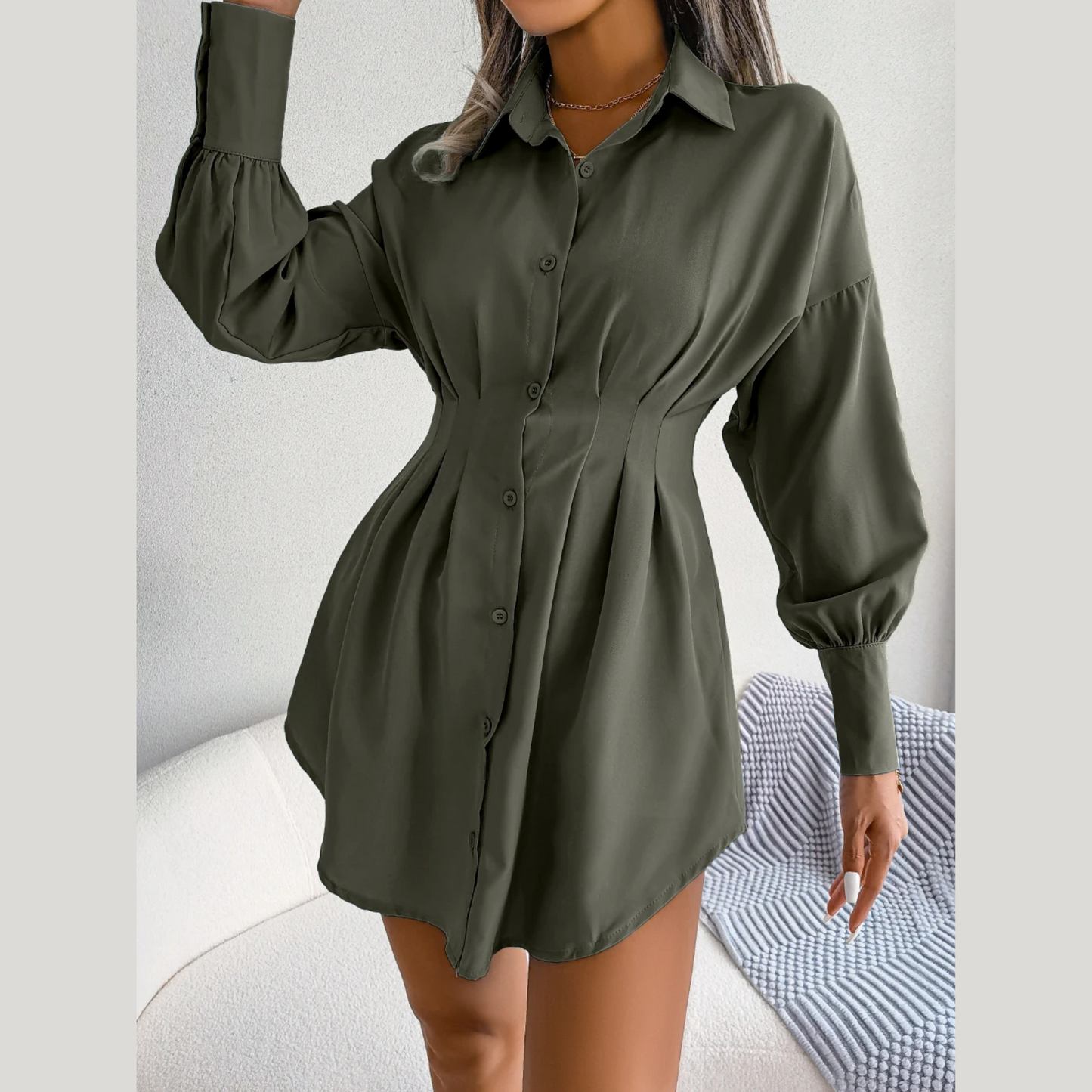 Adalee - Green Asymmetric Button-Up Shirt Dress
