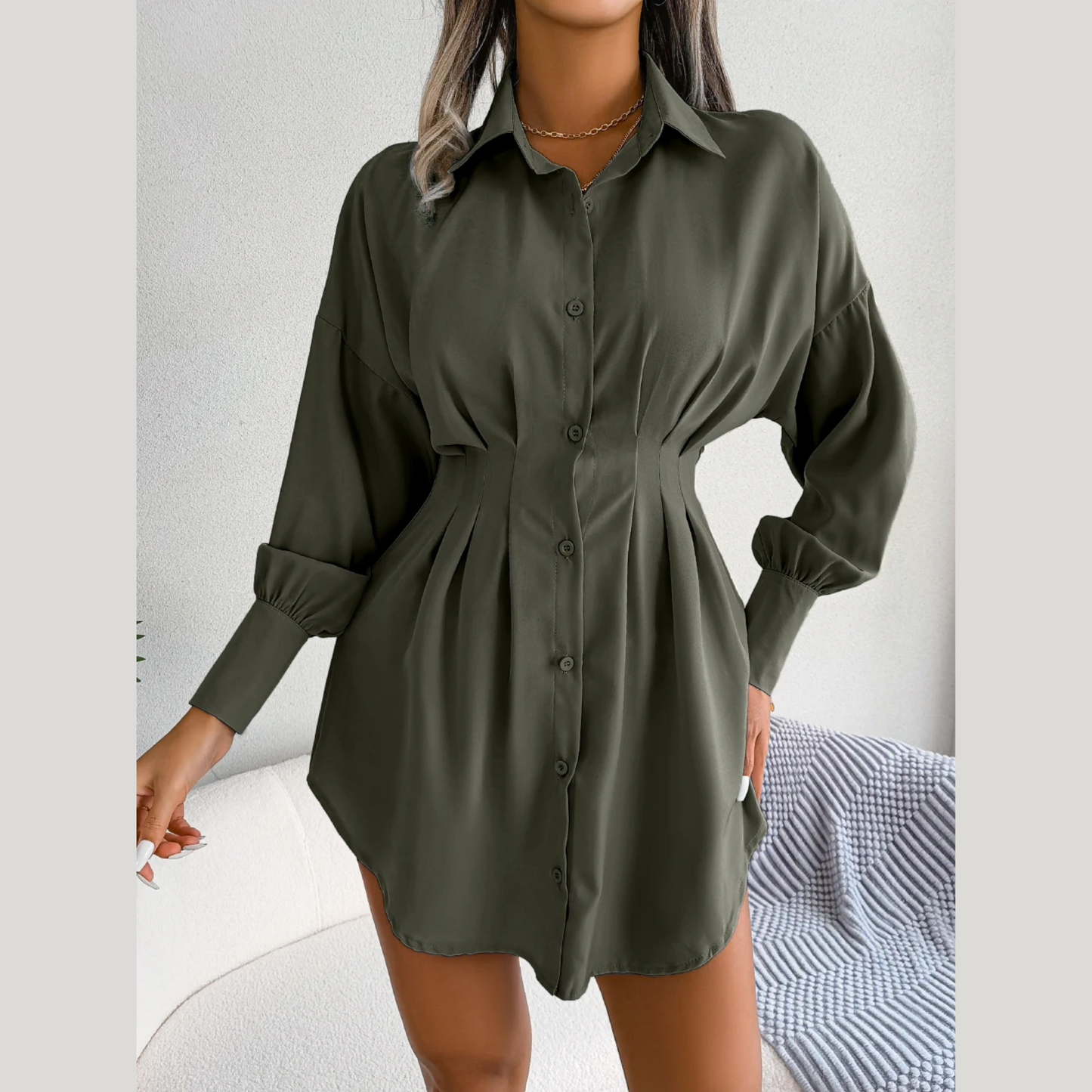 Adalee - Green Asymmetric Button-Up Shirt Dress