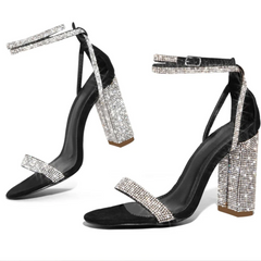 Rhinestone Block Heels With Wrap Ankle Straps