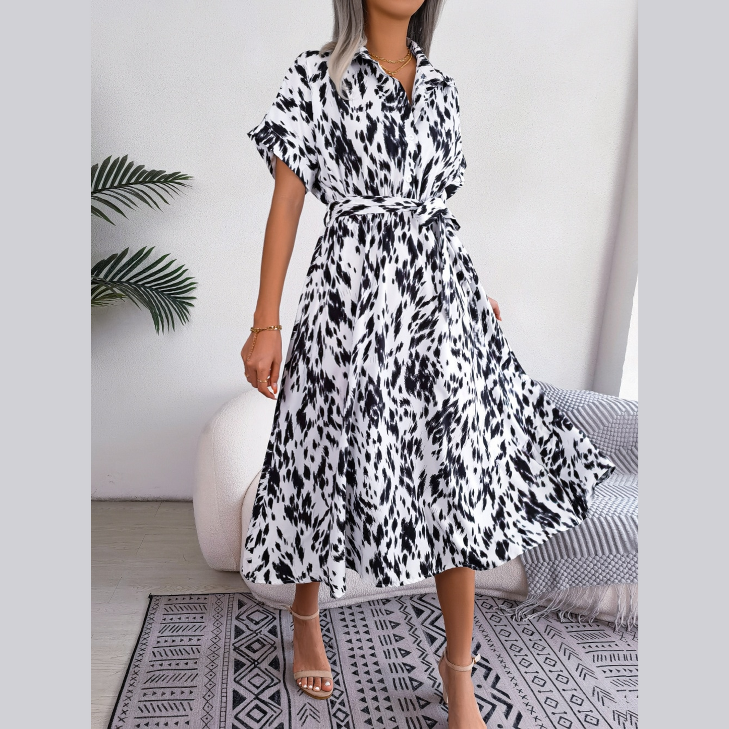 Shauna - White Leopard Print Midi Shirt Dress