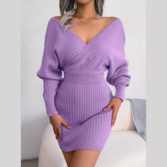 Tilly - Purple Batwing Sleeves Ribbed Sweater Dress