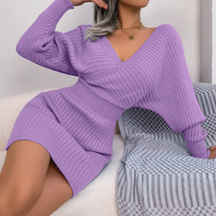 Tilly - Purple Batwing Sleeves Ribbed Sweater Dress