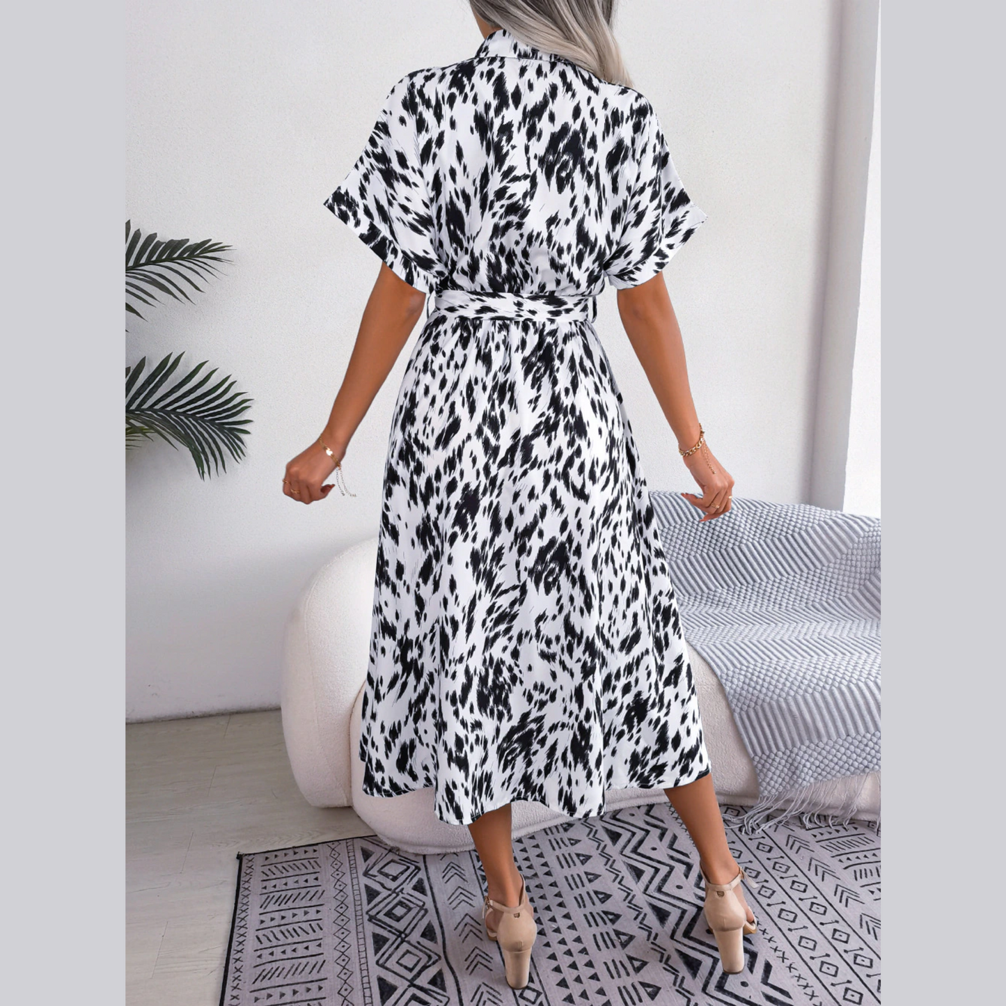 Shauna - White Leopard Print Midi Shirt Dress