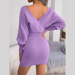 Tilly - Purple Batwing Sleeves Ribbed Sweater Dress