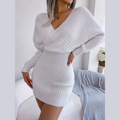 Tilly - White Batwing Sleeves Ribbed Sweater Dress