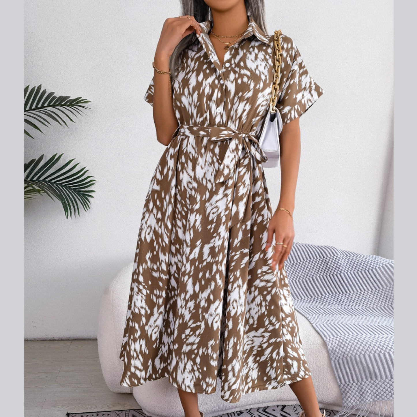 Shauna - Brown Leopard Print Midi Shirt Dress