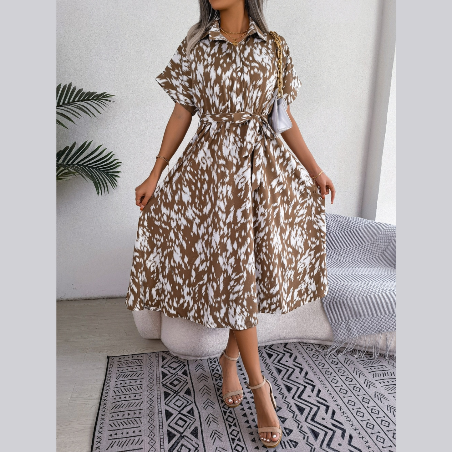 Shauna - Brown Leopard Print Midi Shirt Dress