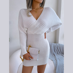 Tilly - White Batwing Sleeves Ribbed Sweater Dress