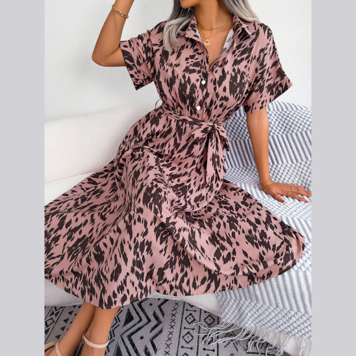 Shauna - Pink Leopard Print Midi Shirt Dress