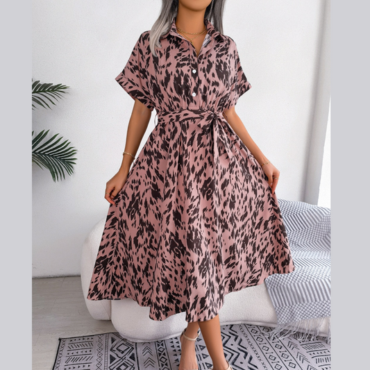 Shauna - Pink Leopard Print Midi Shirt Dress