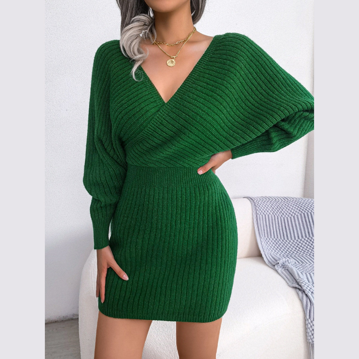 Tilly - Green Batwing Sleeves Ribbed Sweater Dress