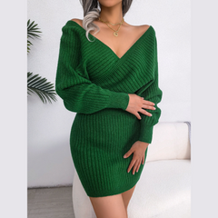 Tilly - Green Batwing Sleeves Ribbed Sweater Dress