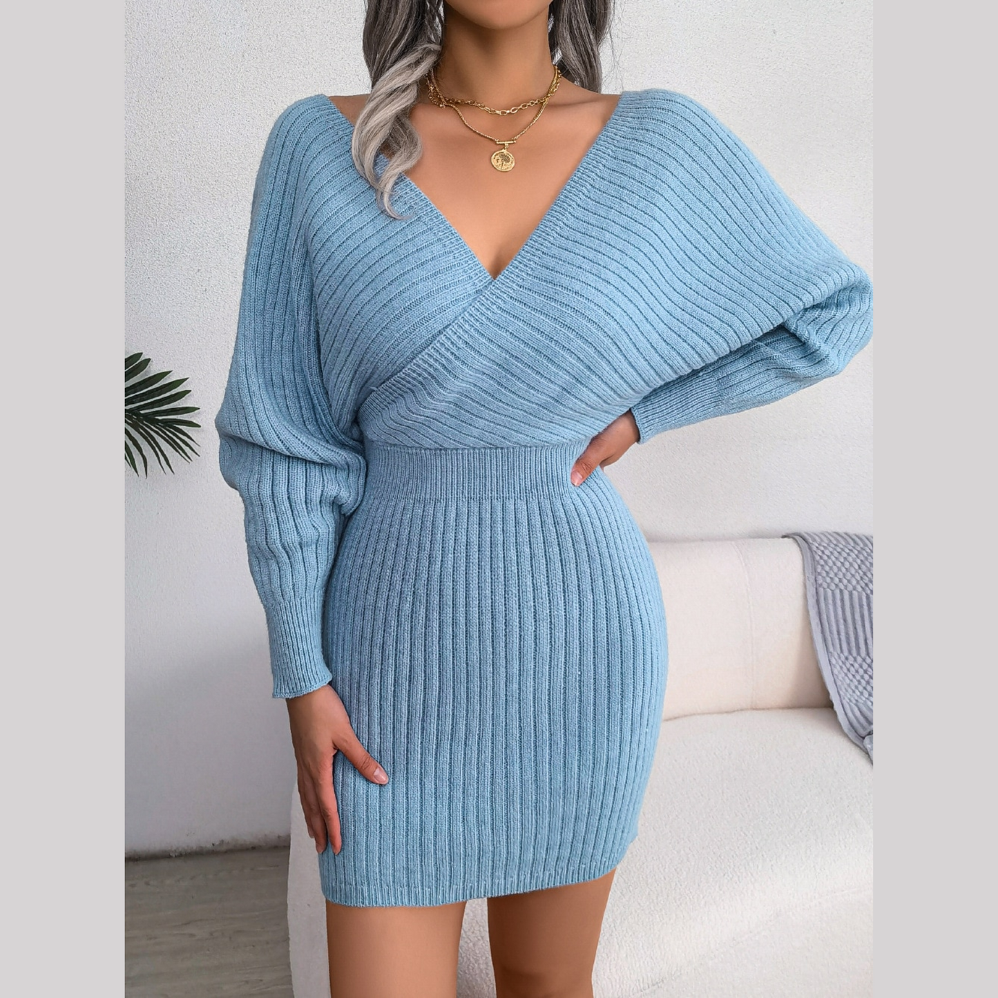 Tilly - Blue Batwing Sleeves Ribbed Sweater Dress