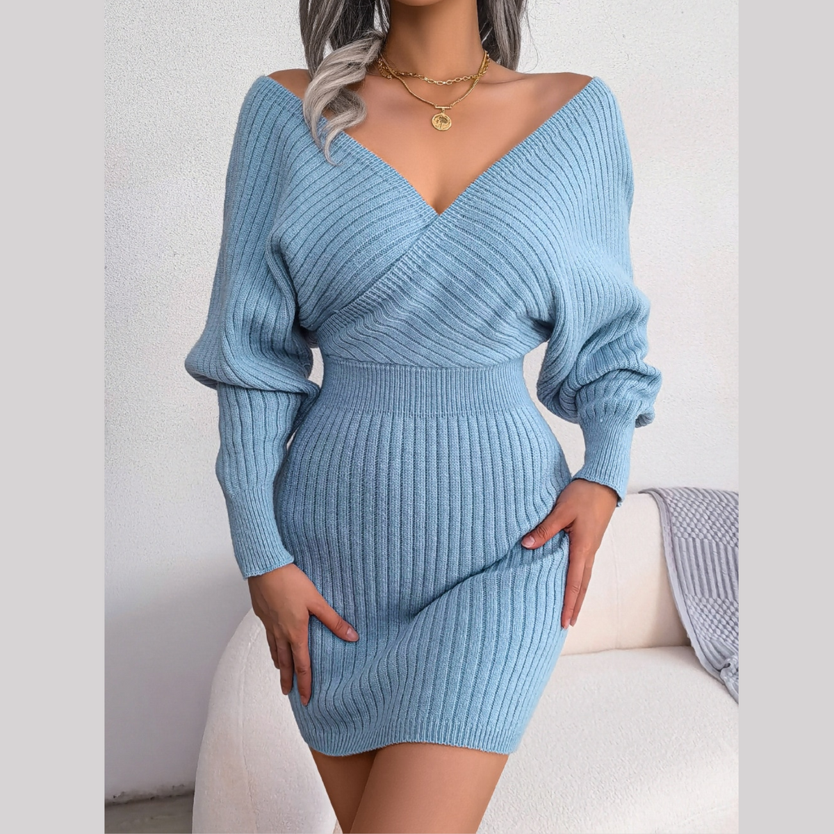 Tilly - Blue Batwing Sleeves Ribbed Sweater Dress