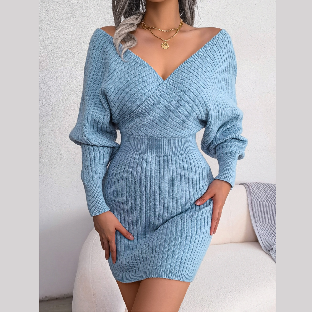 Women's Dress Double Cross V-Neck Ribbed Knit Dress - Puff Sleeve Bodycon Sweater Dress with Open Back for Evening & Casual blue S Women's Dress Double Cross V-Neck Ribbed Knit Dress - Puff Sleeve Bodycon Sweater Dress with Open Back for Evening & Casual blue S