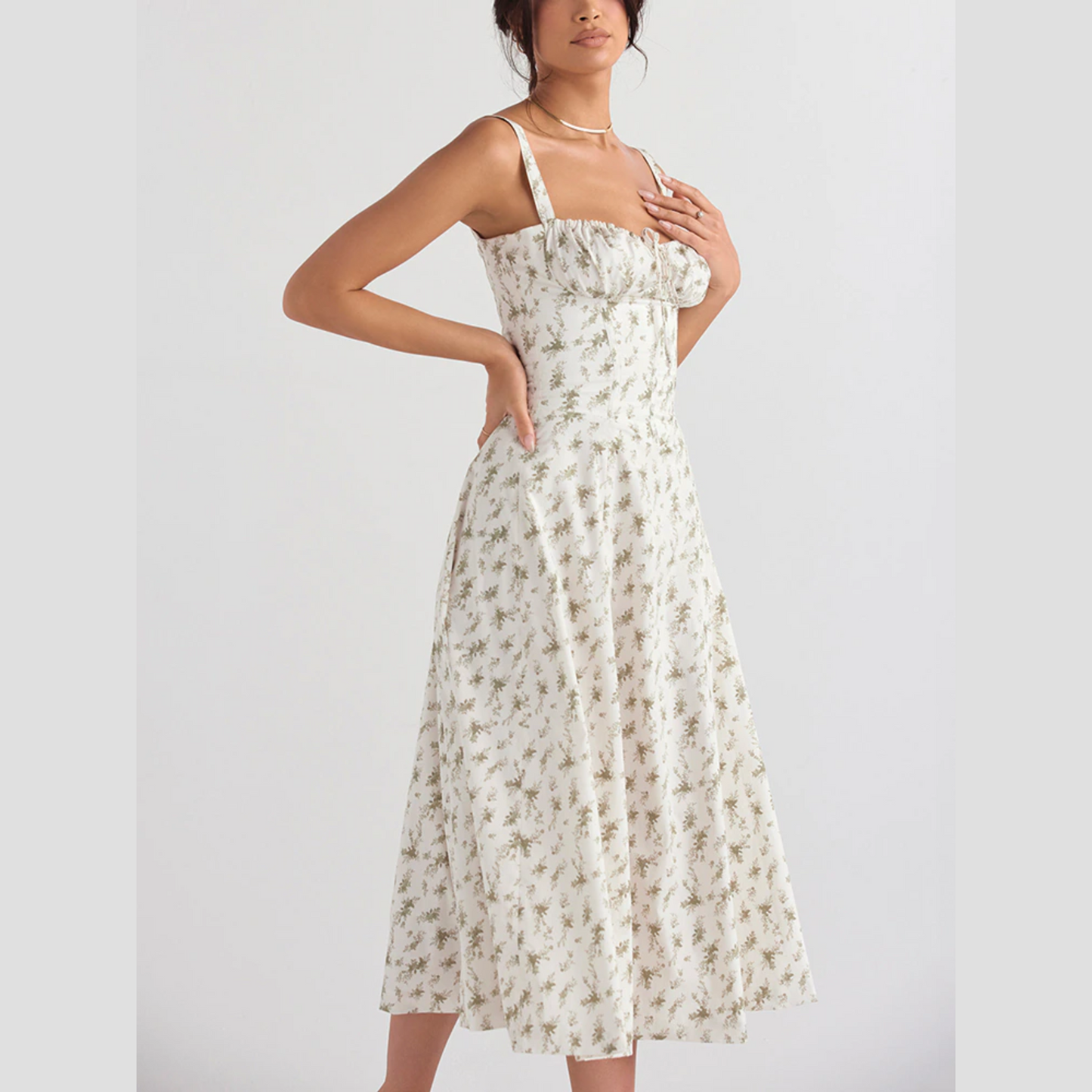 Ria - White Floral Print Summer Midi Dress