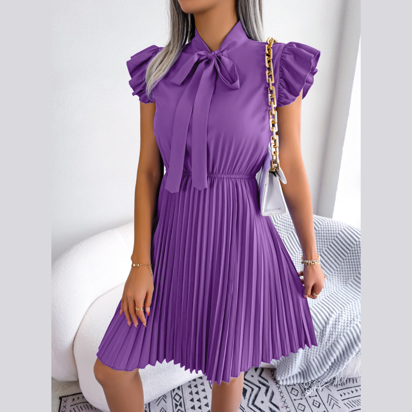Asia - Purple Pleated Ruffled Sleeve Mini Dress