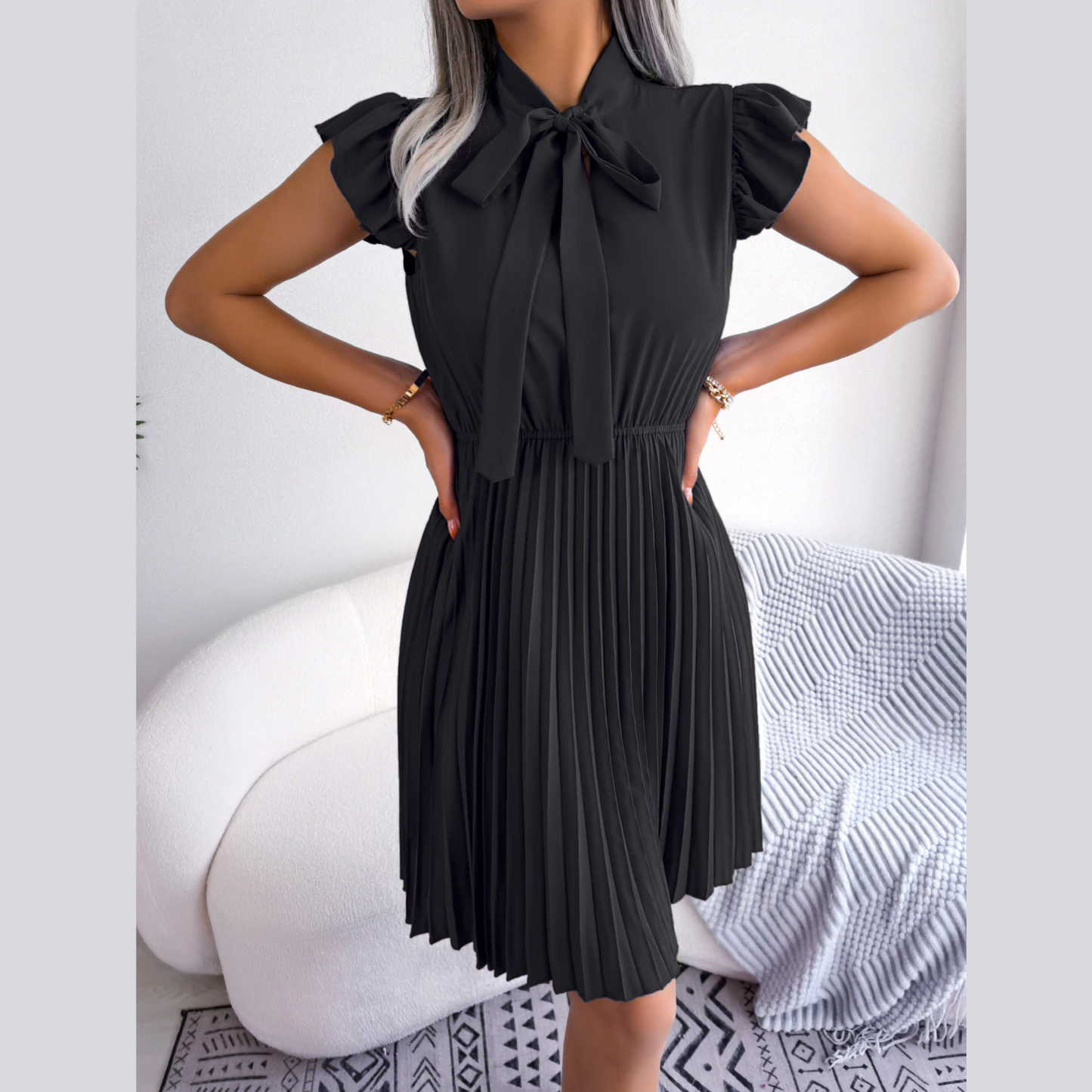 Asia - Black Pleated Ruffled Sleeve Mini Dress