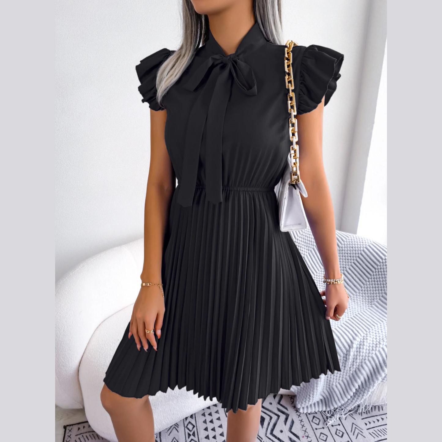 Asia - Black Pleated Ruffled Sleeve Mini Dress